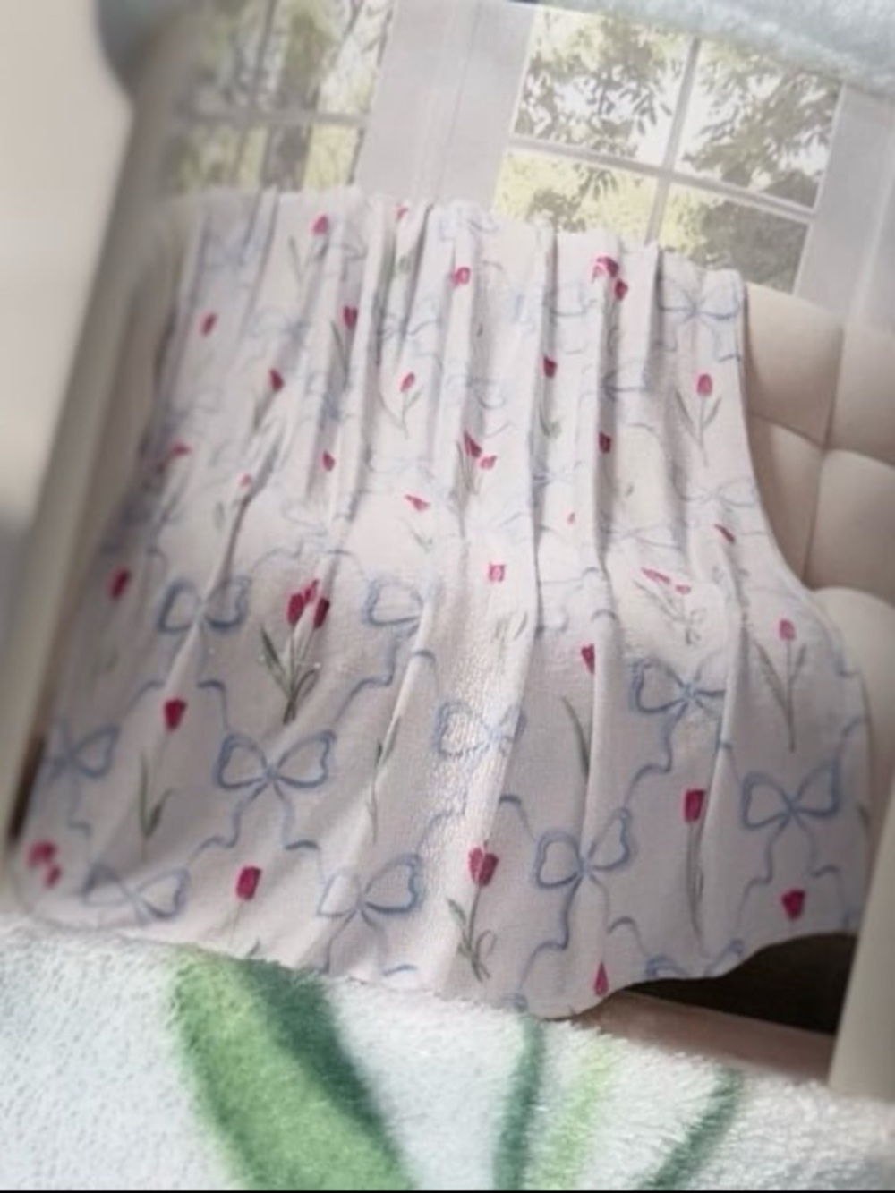 Kirkton House soft blue bow and pink tulip print  throw / blanket